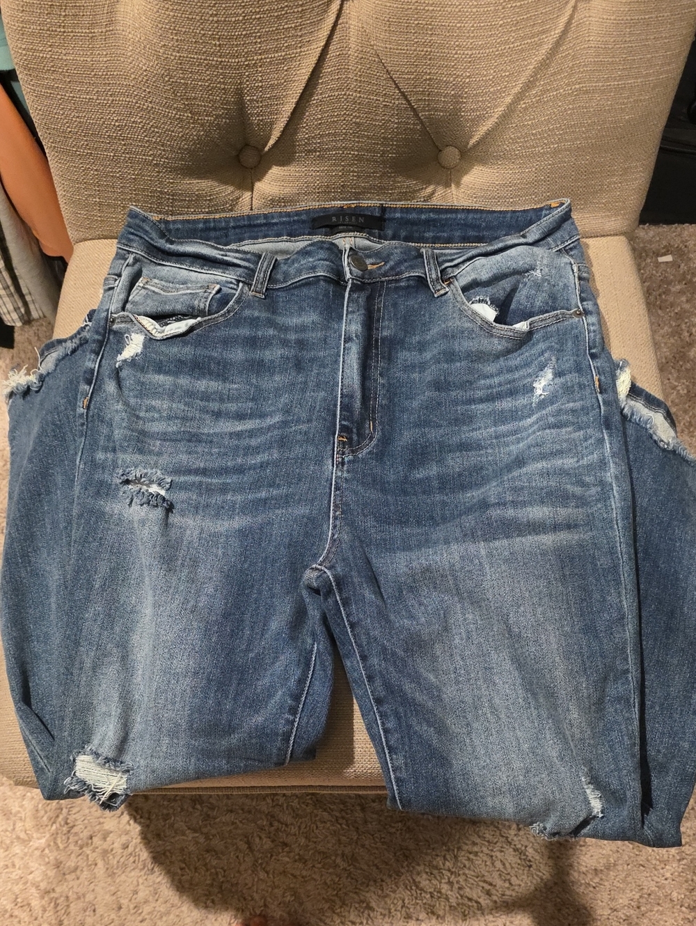 Risen Women's Distressed Boyfriend Jeans in Blue Wash